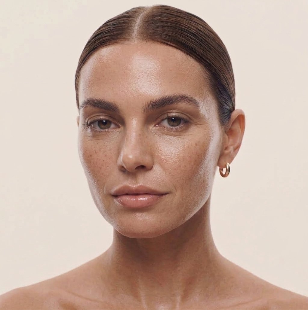 A woman with freckles and slicked-back hair, looking at the camera